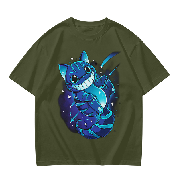 Olive T-shirt with Galaxy Cheshire Cat Graphic Print