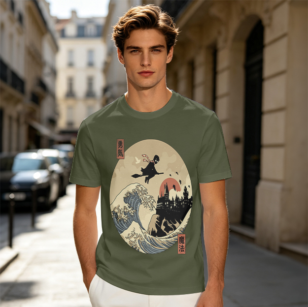 Olive T-shirt with wizard on broom, great wave and castle print