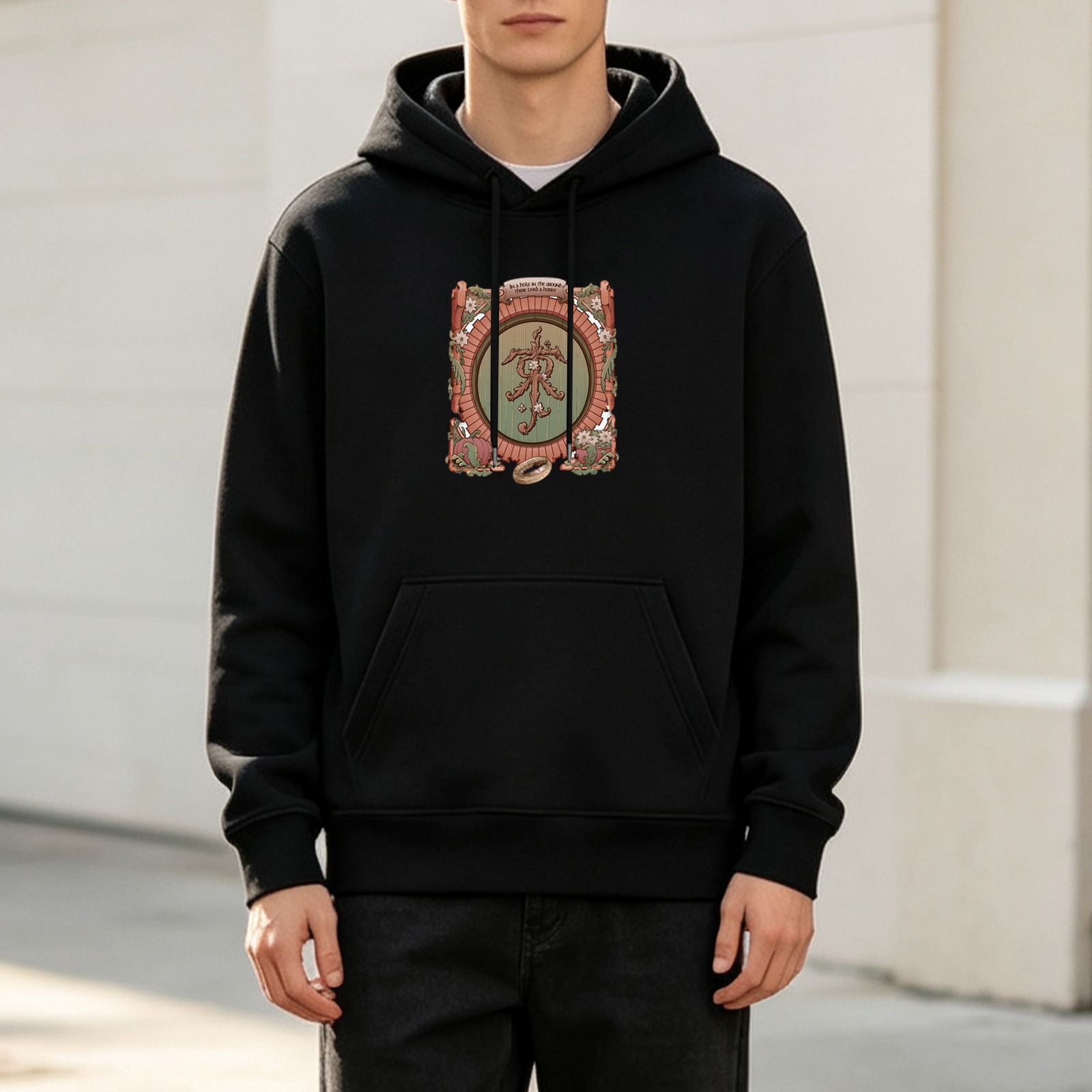Black Hoodie with Fantasy Artwork Crest Print
