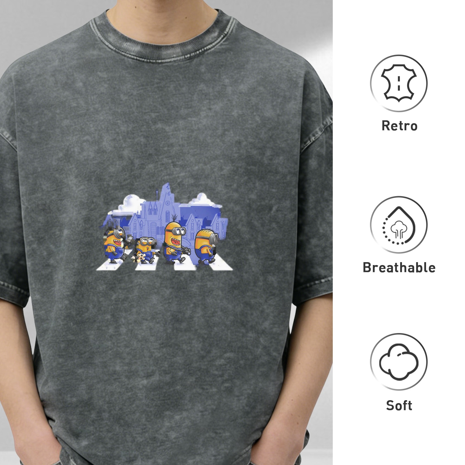Distressed black short-sleeved T-shirt Minions Abbey Road themed print loose style