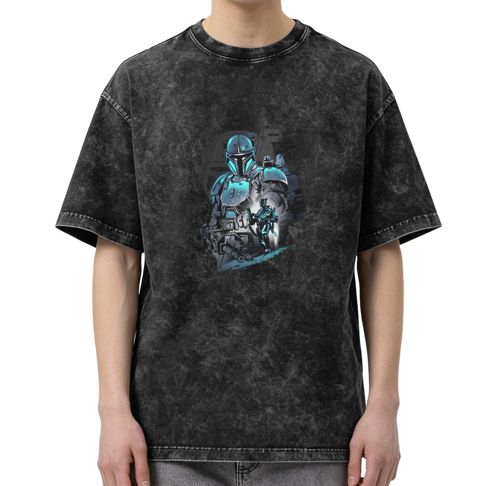Distressed Black Mandalorian Print Short Sleeve T-Shirt