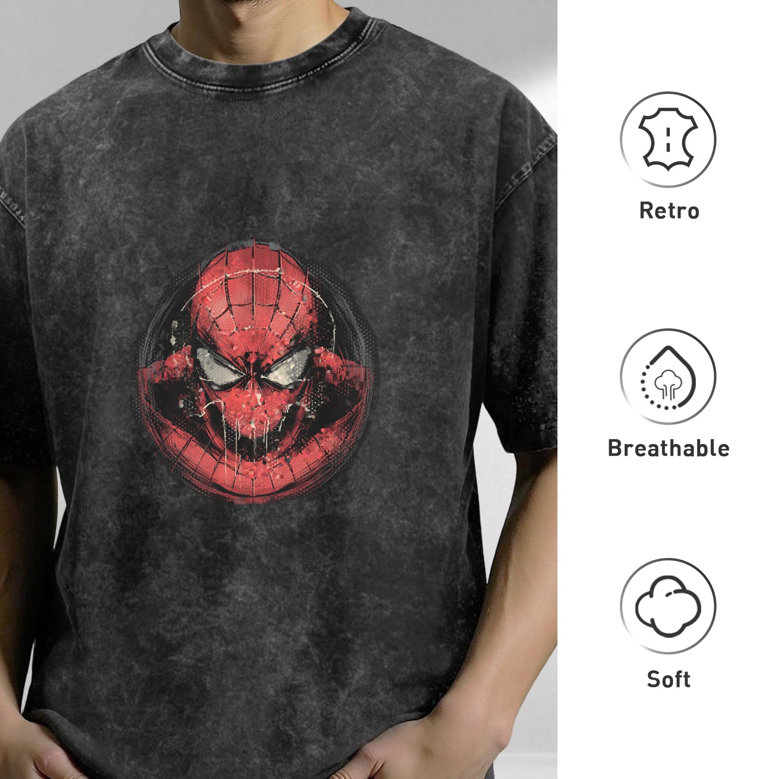 Washed Black Oversized T-Shirt with Distressed Spider-Man Mask Graphic