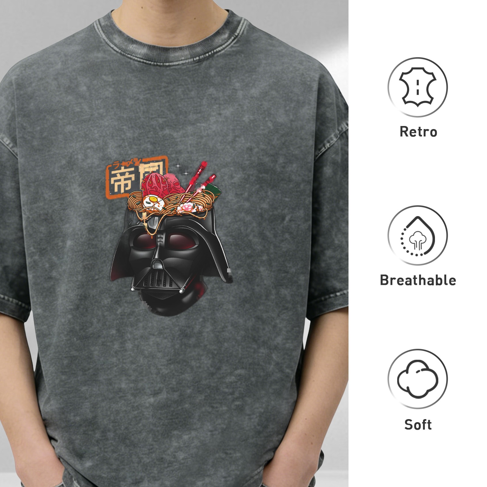 Washed Black T-Shirt With Darth Vader Ramen Graphic Print