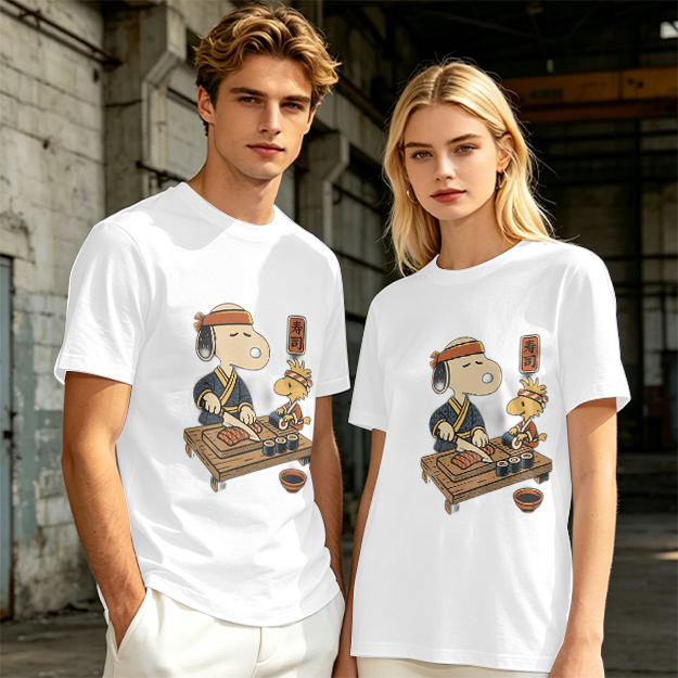 Olive T-shirt with Snoopy and Woodstock making sushi print