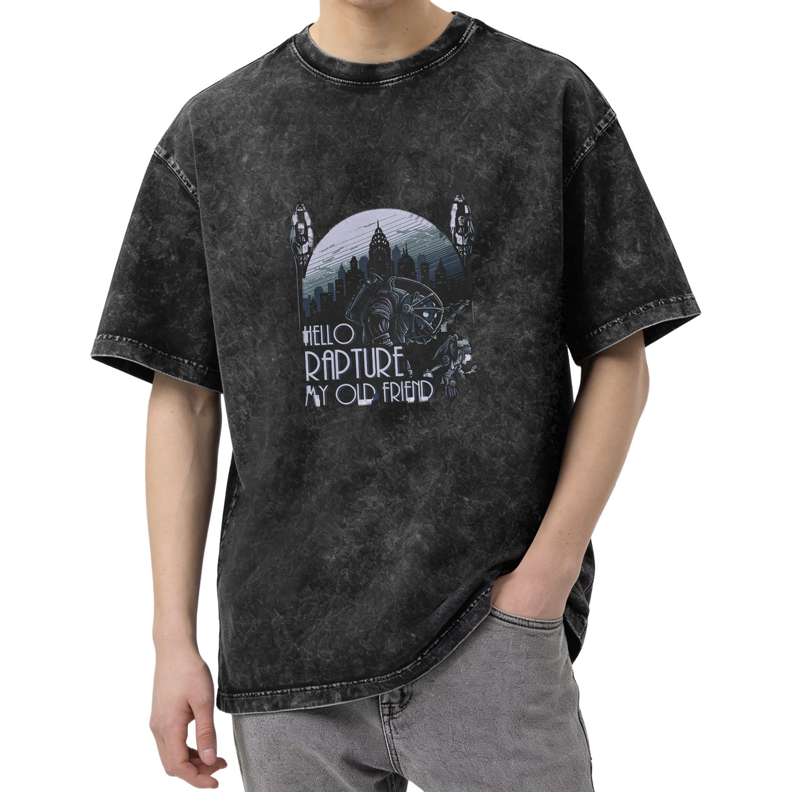 Oversized Vintage Wash T-Shirt with BioShock 'Hello Rapture My Old Friend' Graphic Print