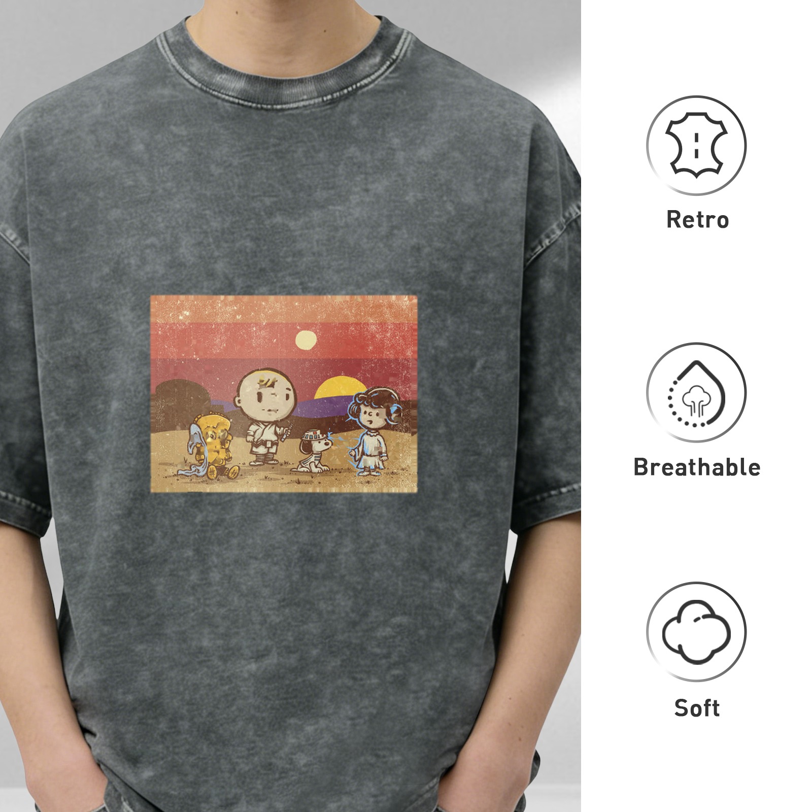 Vintage Washed T-Shirt with Peanuts Star Wars Mashup Desert Sunset Graphic