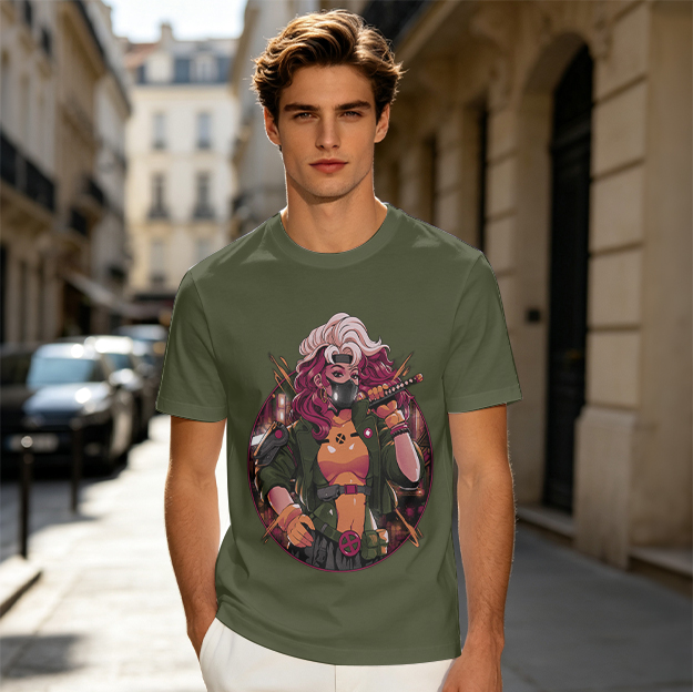 Olive T-Shirt with Anime Cyberpunk Female Warrior Print