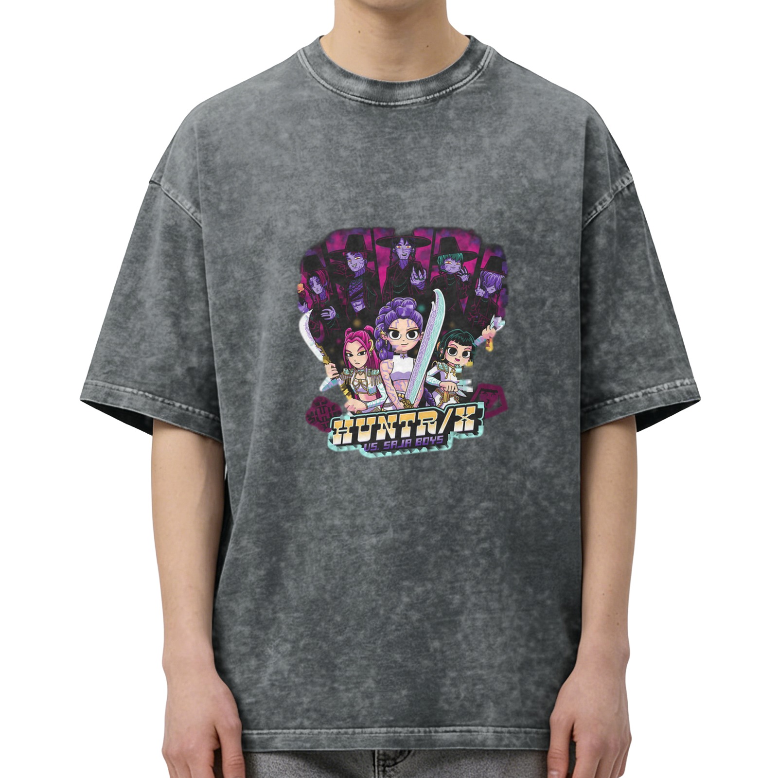 Distressed Black Cartoon Anime Print Short Sleeve T-Shirt