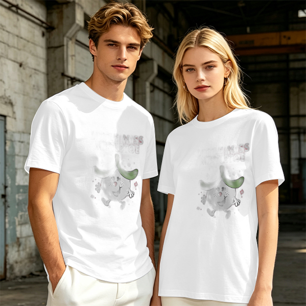 Olive green graphic t-shirt with playful cartoon character print
