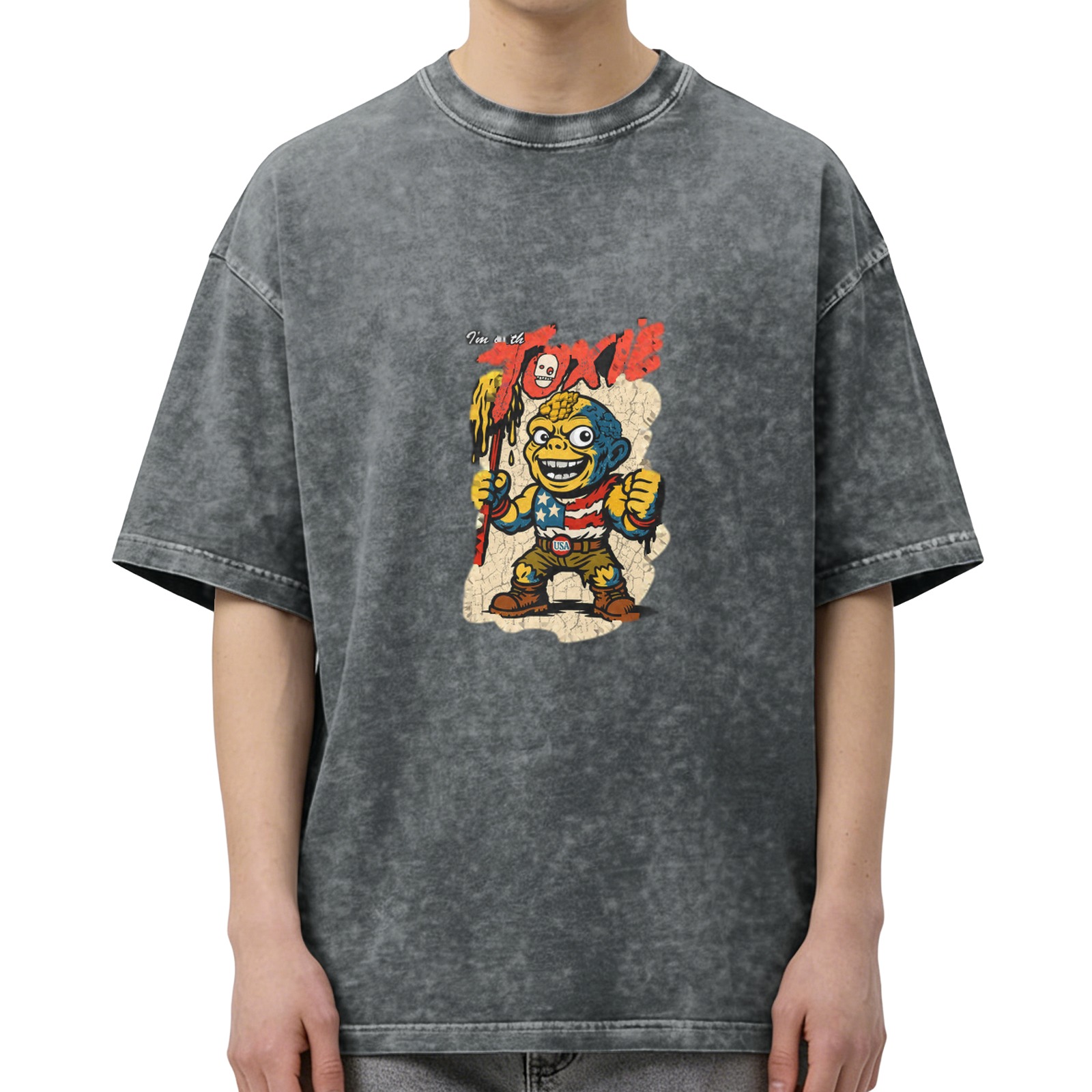 Washed Black T-Shirt with Toxic Cartoon Character Graphic