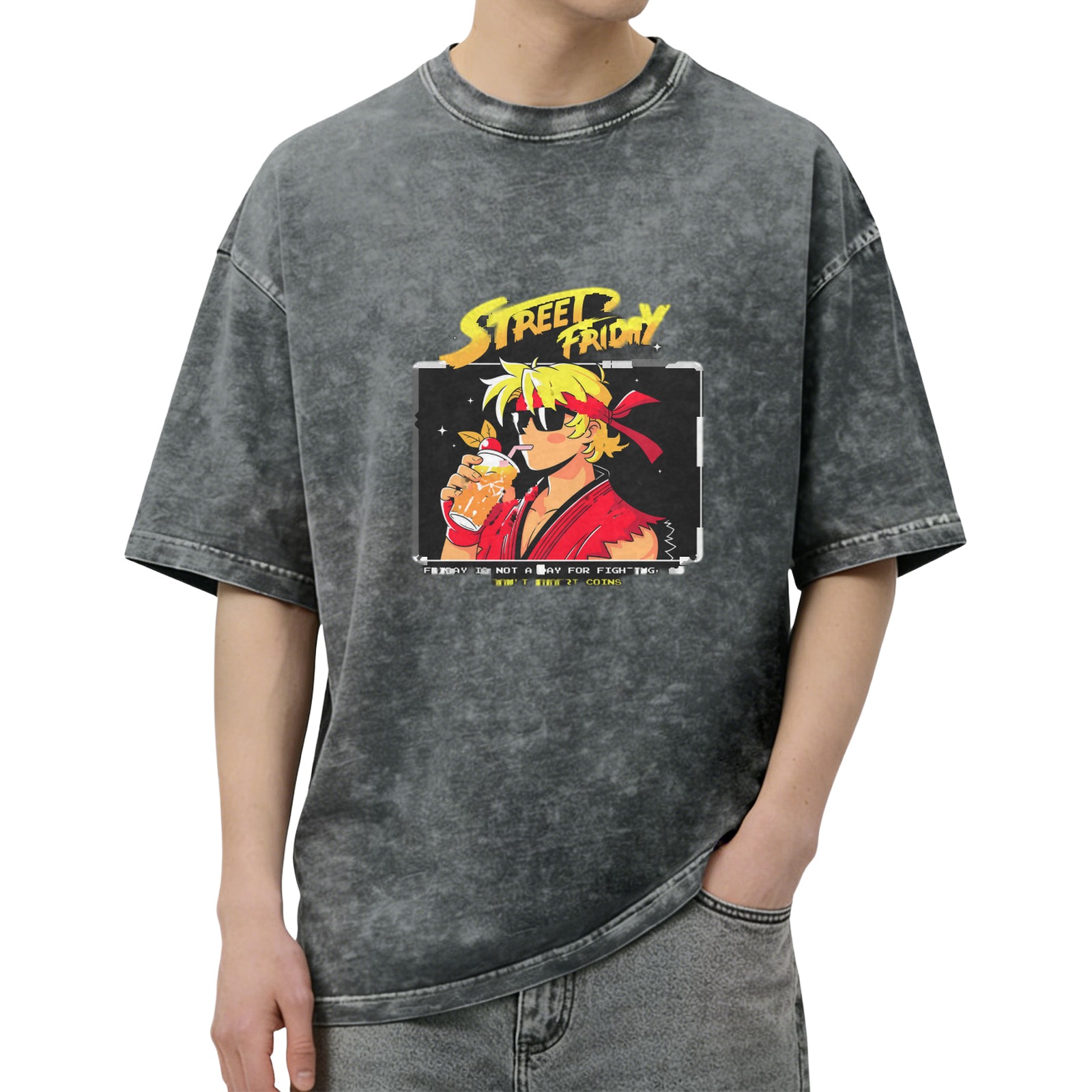 Street Friday Anime Fighter Drink Graphic Acid Wash T-Shirt