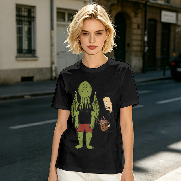 Olive T-Shirt Featuring Cthulhu and Beavis in Suits Graphic