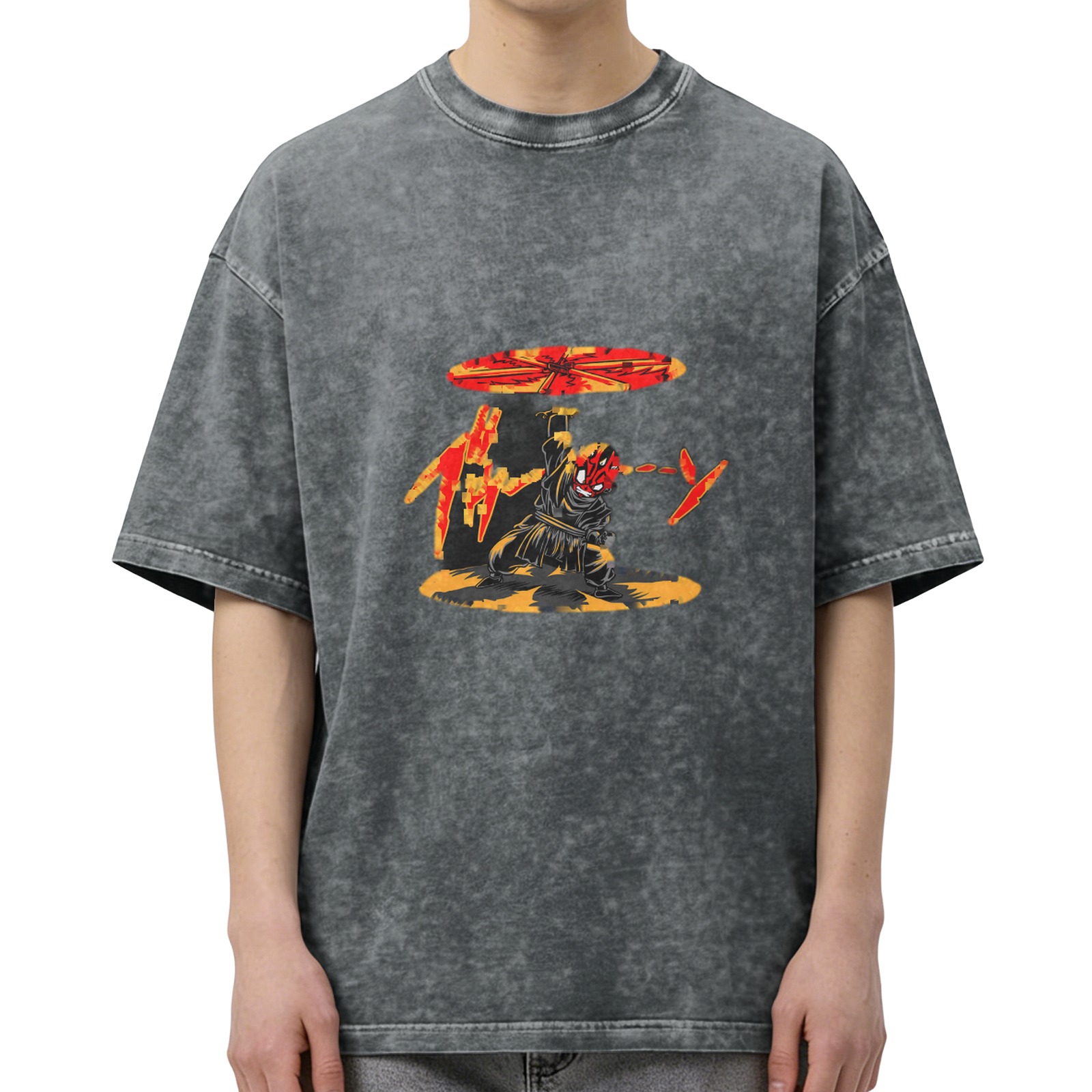 Oversized Acid Wash T-Shirt With Ninja Warrior Graphic Print