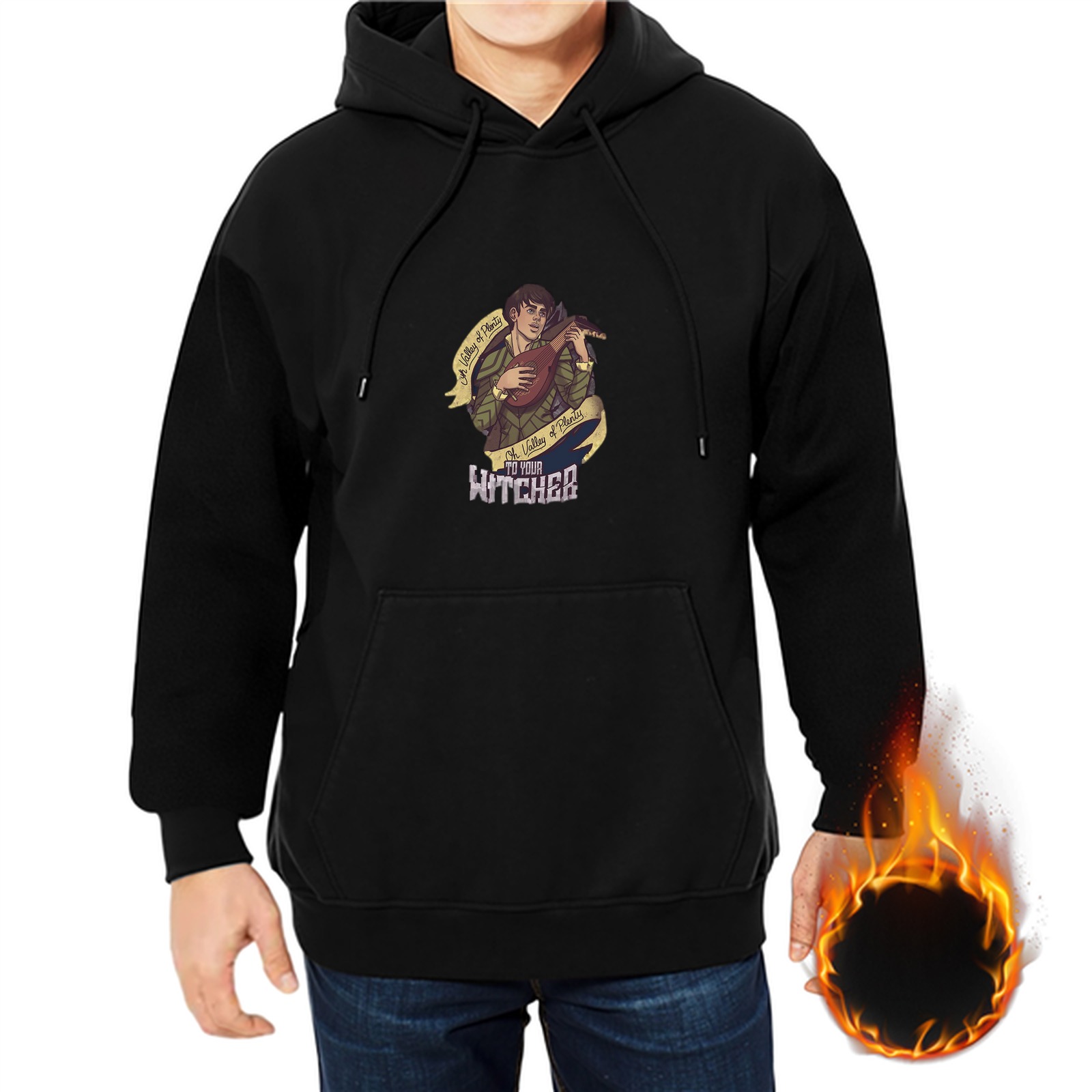 Black hoodie with The Witcher Jaskier lute graphic print