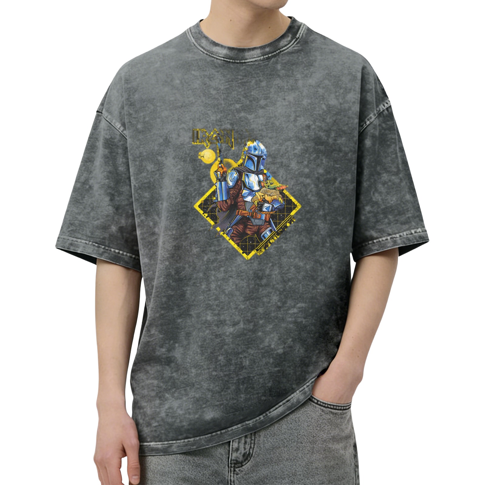 Washed Black Oversized T-Shirt with Mandalorian & Grogu Graphic Print