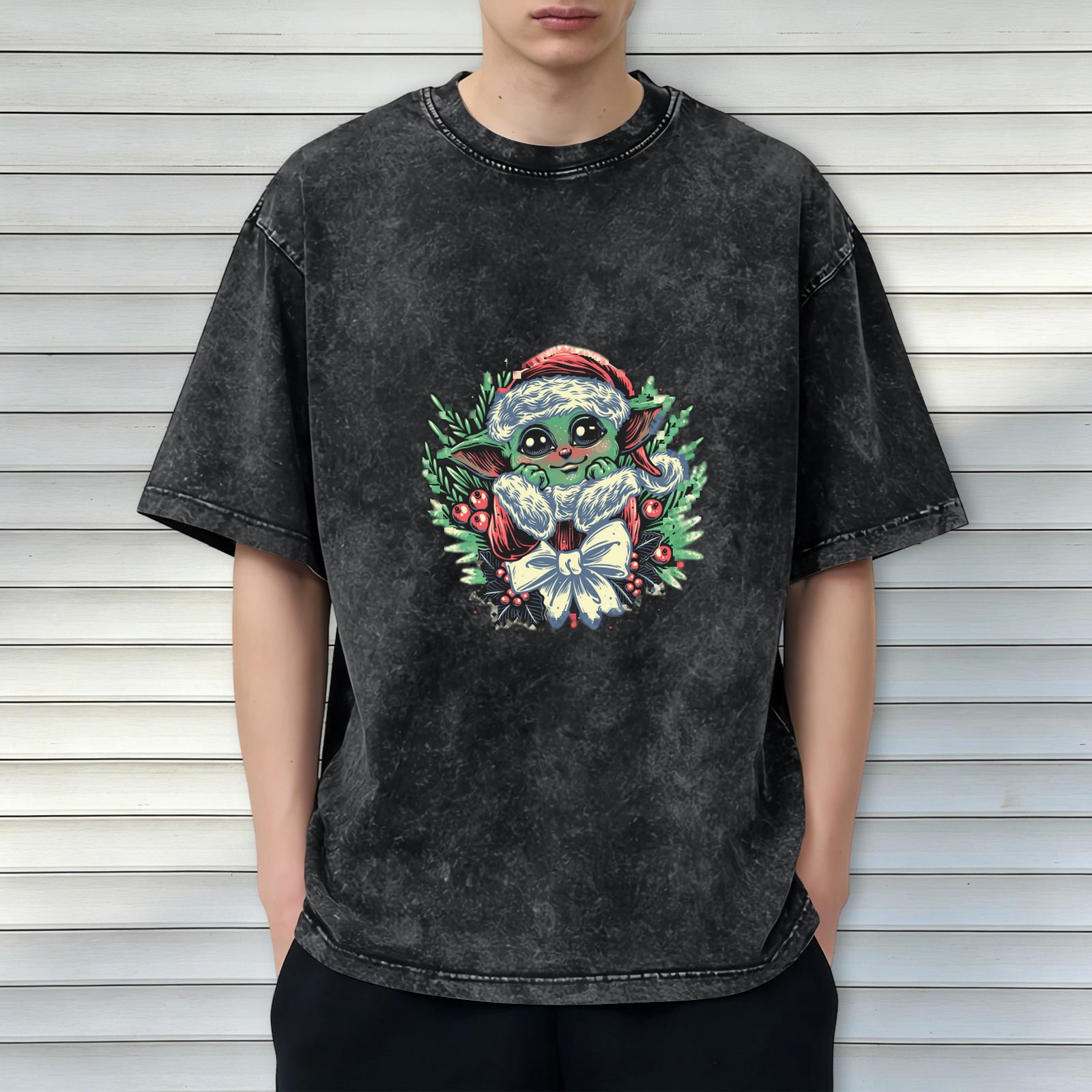 Washed Black T-Shirt With Christmas Baby Alien Graphic