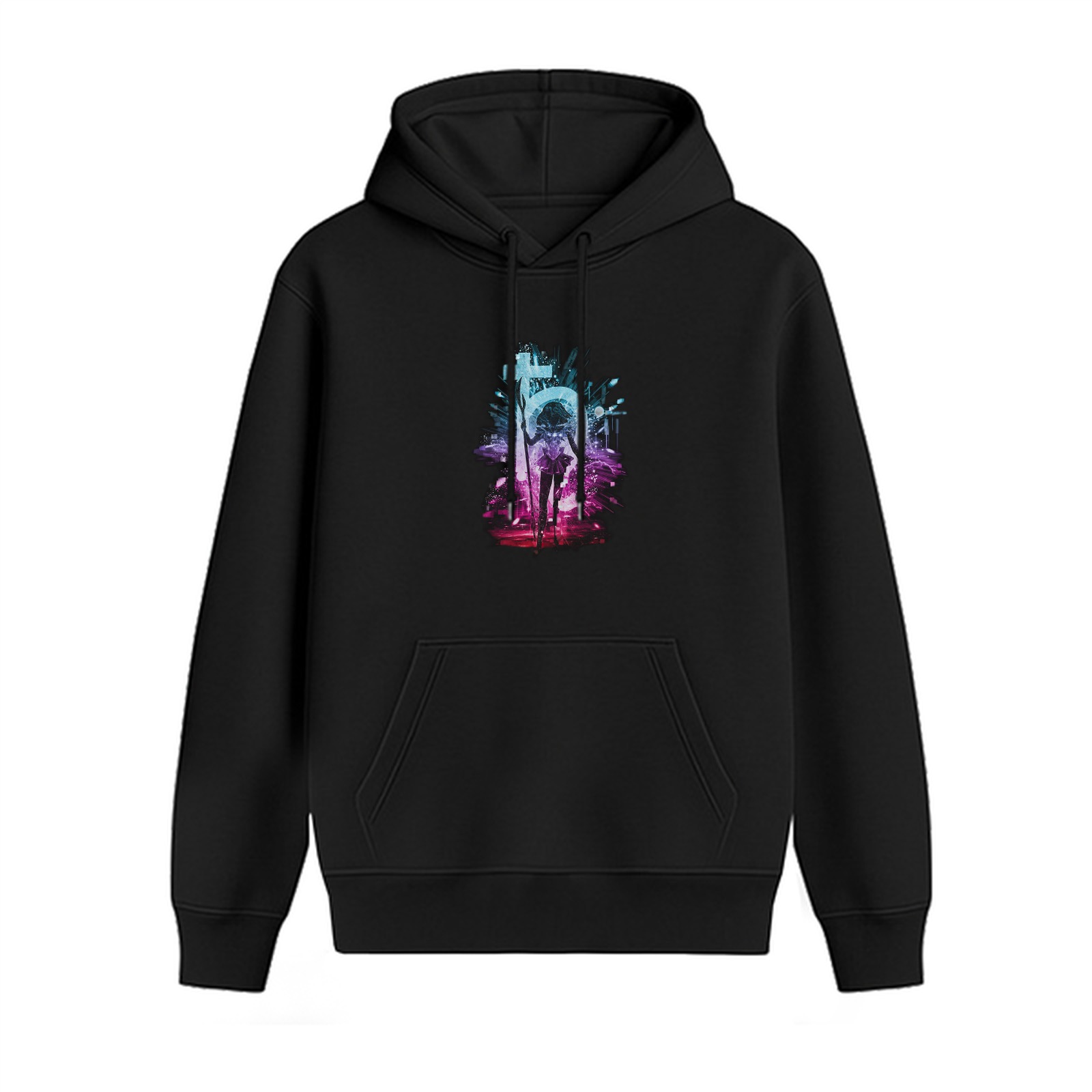 Black Hoodie With Neon Cyberpunk City Silhouette Graphic