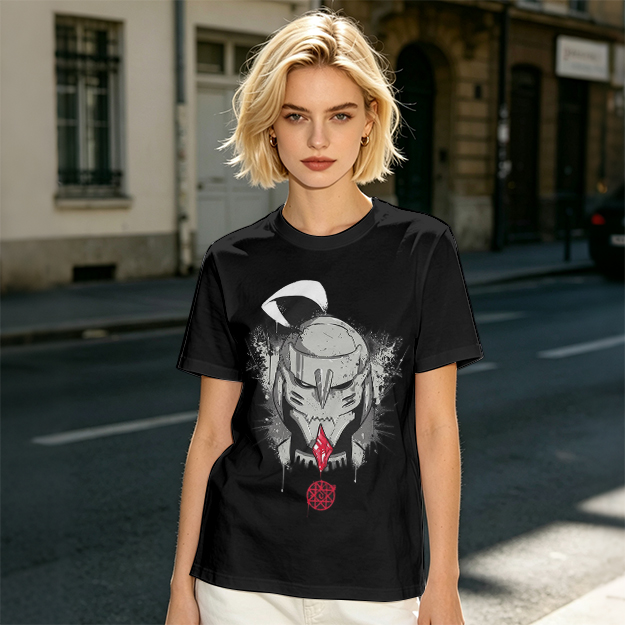 Olive T-shirt with Dark Fantasy Mechanical Skull Graphic Print
