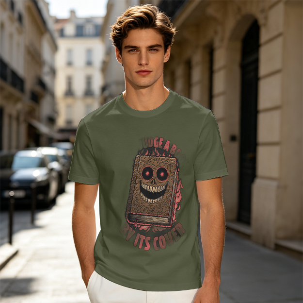 Olive T-Shirt With Evil Monster Book Graphic Design