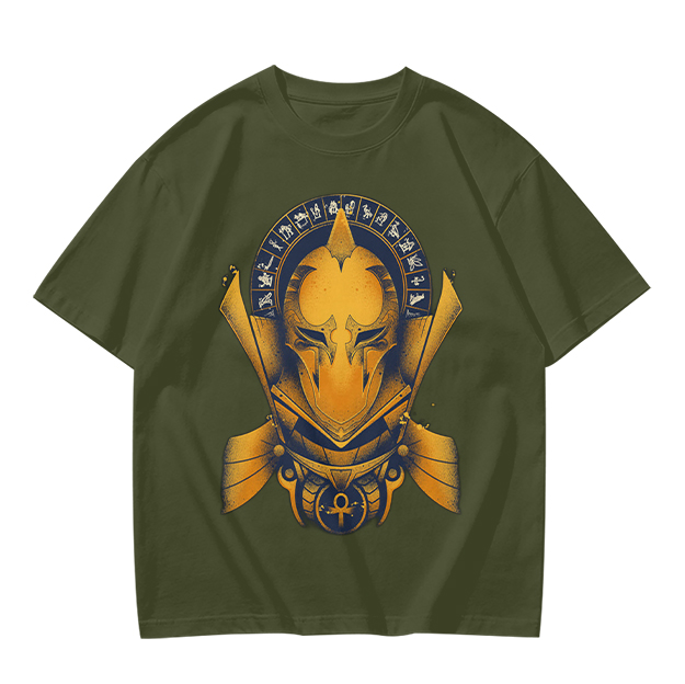 Olive T-Shirt with Ancient Egyptian Style Golden Helmet Print