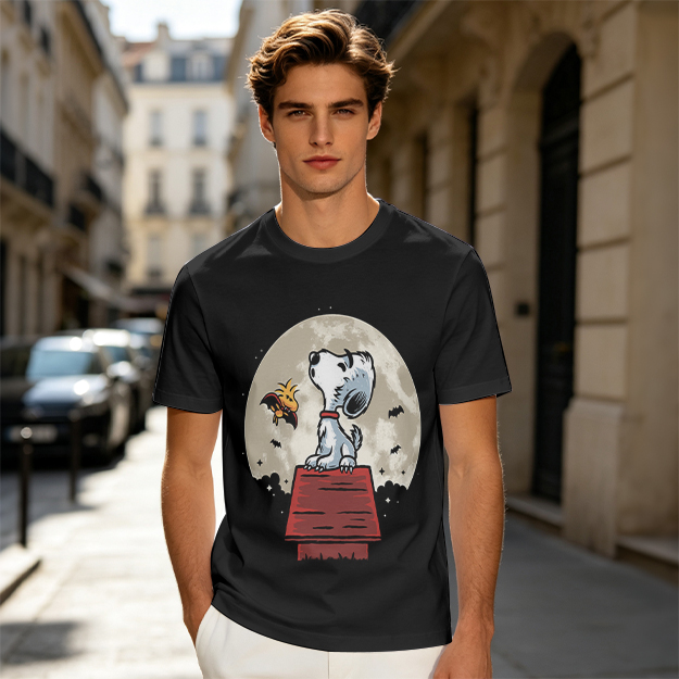 Snoopy and Woodstock on Doghouse Under Full Moon T-Shirt