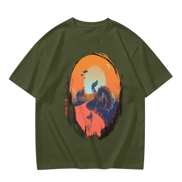Olive T-Shirt with Sunset Mountain Wolf Silhouette Art Print