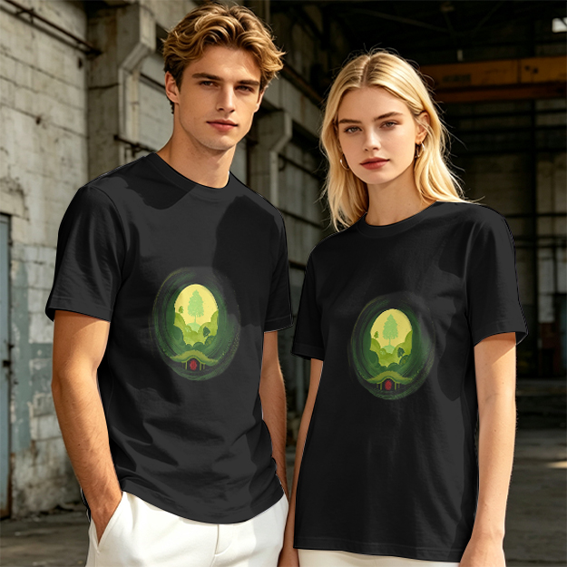 Olive Green T-Shirt with Hobbit Hole Landscape Art Print
