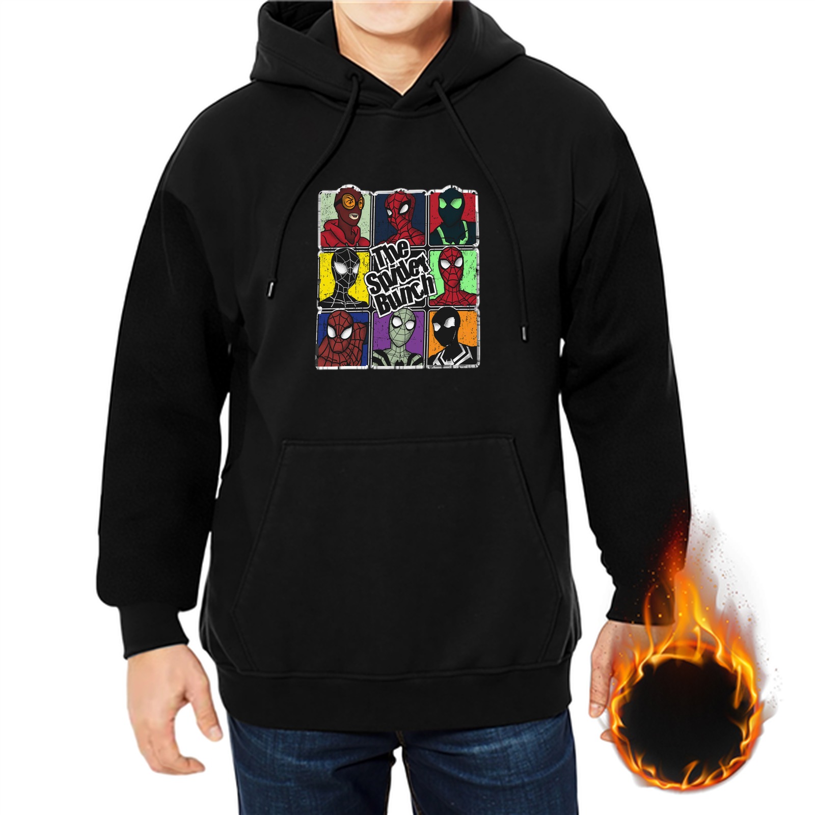 Black hoodie with Spider-Verse themed 'The Spider Bunch' graphic