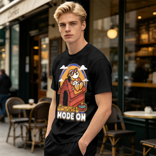 Olive t-shirt with Snoopy summer mode on graphic design