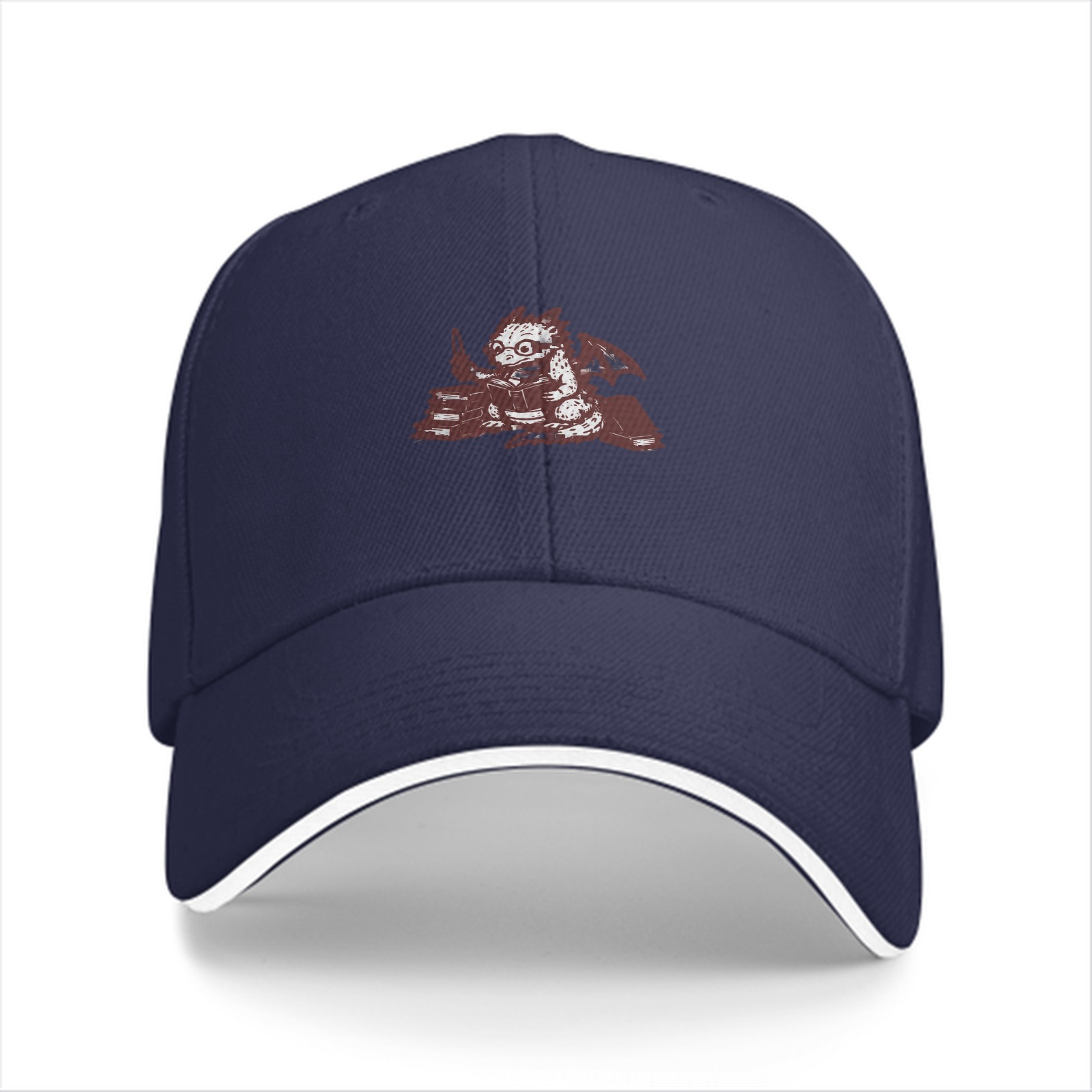 Black Baseball Cap With Cute Dragon Reading Books Graphic