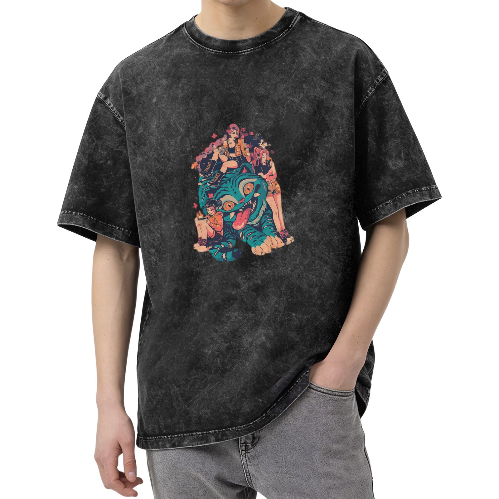 Distressed black loose short-sleeved T-shirt Cartoon fantasy monster girl print Street fashion casual top