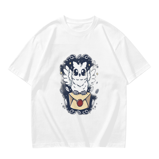Owl with Envelope and Celestial Details Graphic T-Shirt