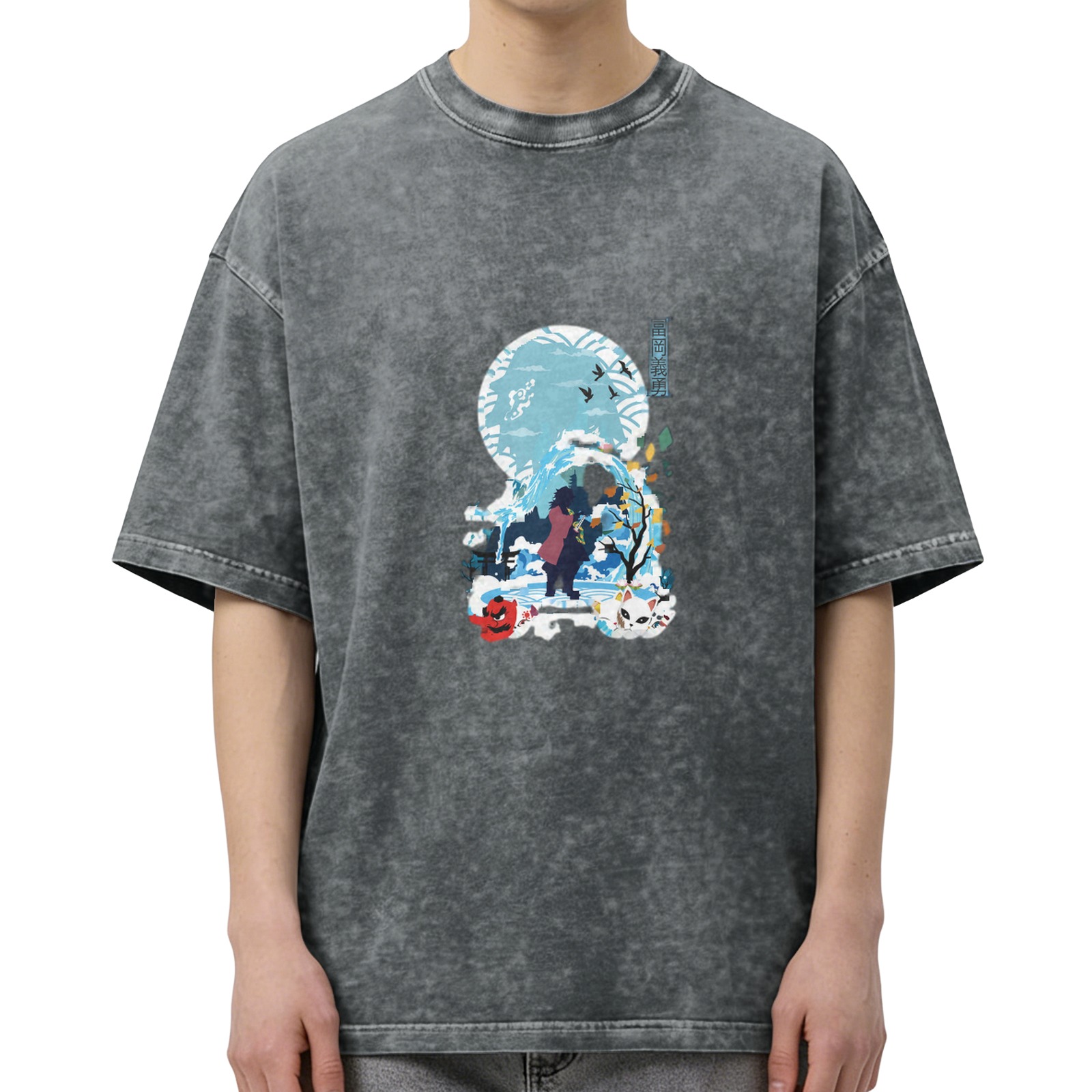 Washed Black Oversized T-Shirt With Anime Water Moon Graphic