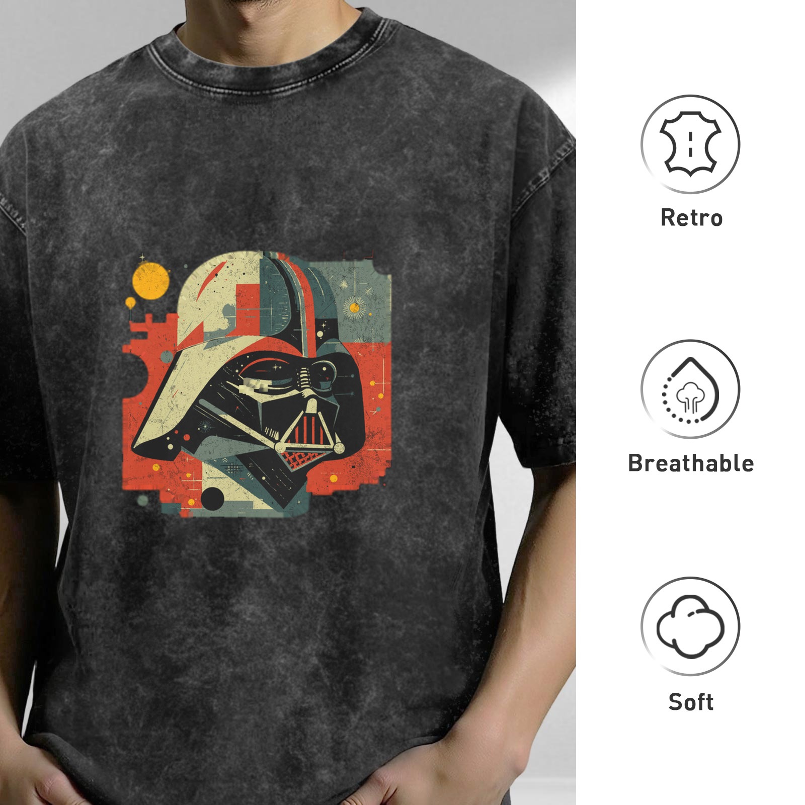 Washed Black T-Shirt with Retro Darth Vader Graphic