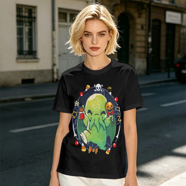 Olive T-Shirt With Cute Halloween Cthulhu Graphic Print