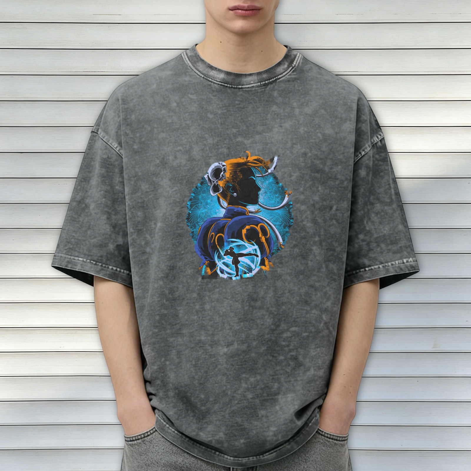Oversized Dark Wash T-Shirt With Chun-Li Street Fighter Graphic