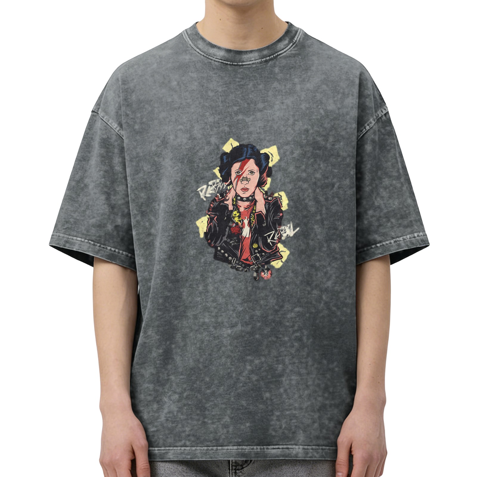 Oversized Acid Wash T-Shirt With Punk Rebel Graphic Print