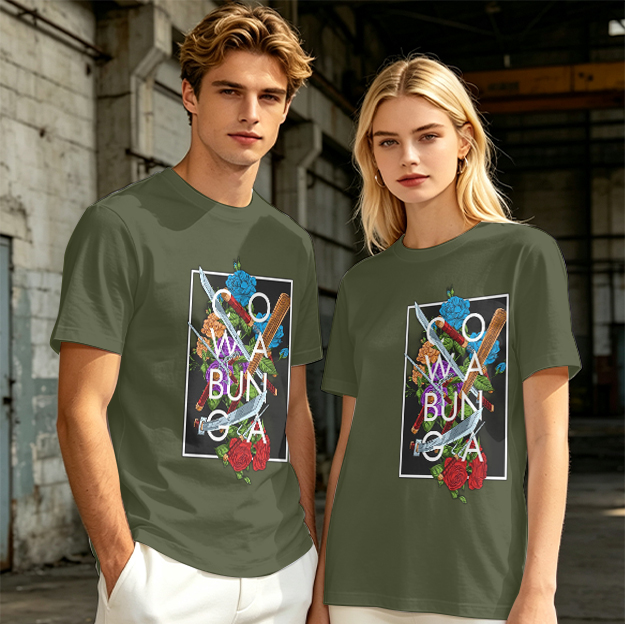 Olive Graphic T-Shirt with Cowabunga Floral Weapon Art