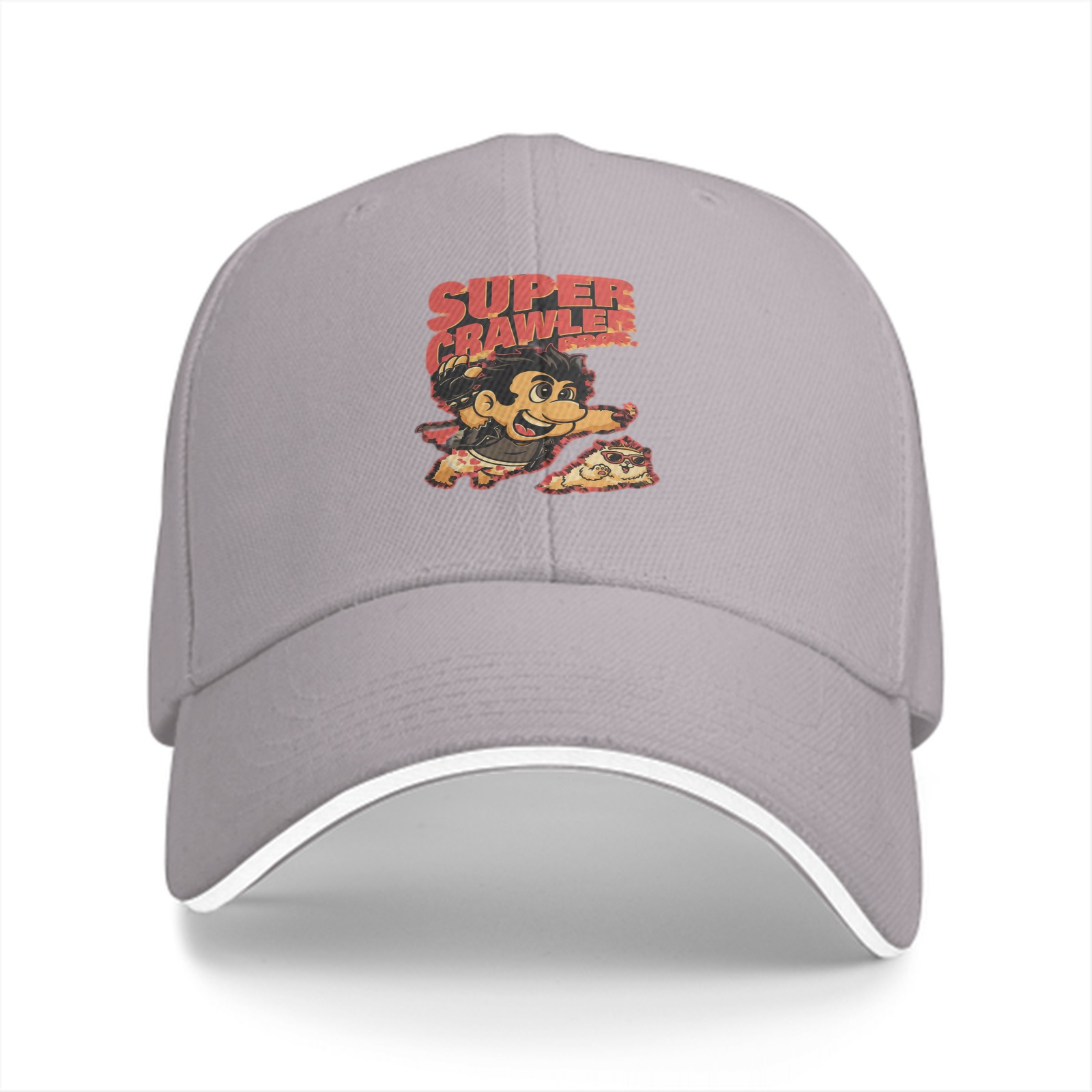 Black baseball cap with Super Crawler pizza-themed cartoon graphic