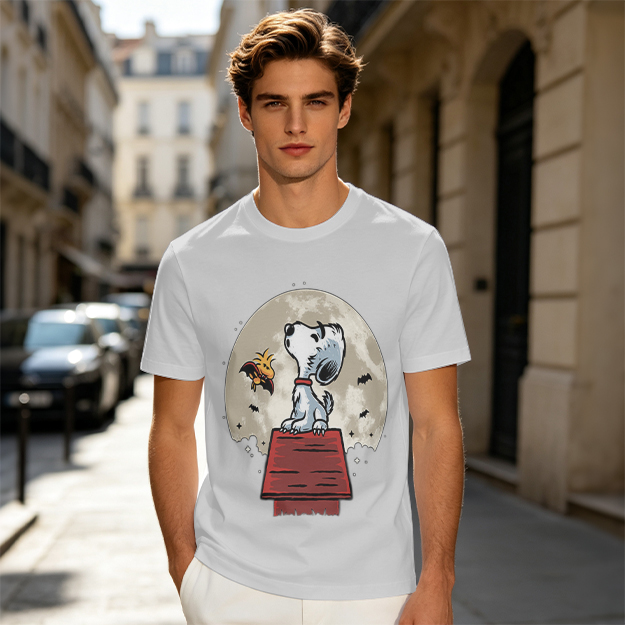 Snoopy and Woodstock on Doghouse Under Full Moon T-Shirt
