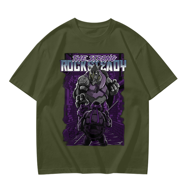 Olive green t-shirt featuring Rocksteady the strong mutant character