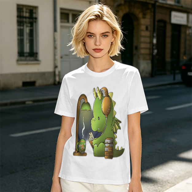 Olive T-Shirt with Cute Dragon Reading and Wearing Headphones