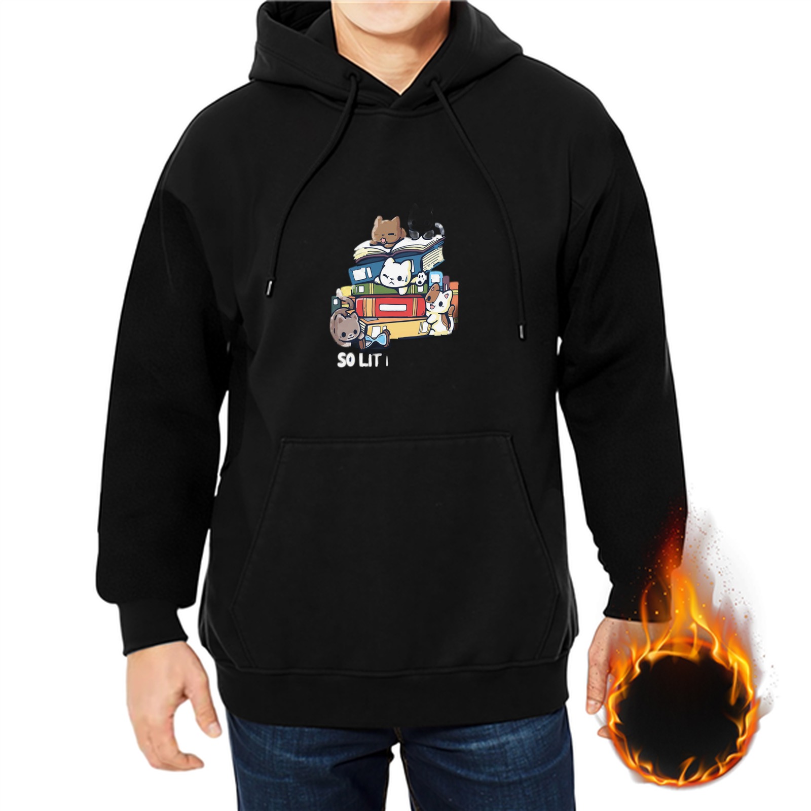 Black hoodie with cute cats on books and 'SO LIT' graphic