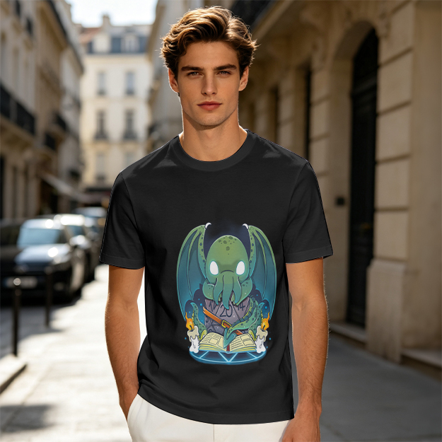 Olive T-shirt with Cute Cthulhu Reading Grimoire Print