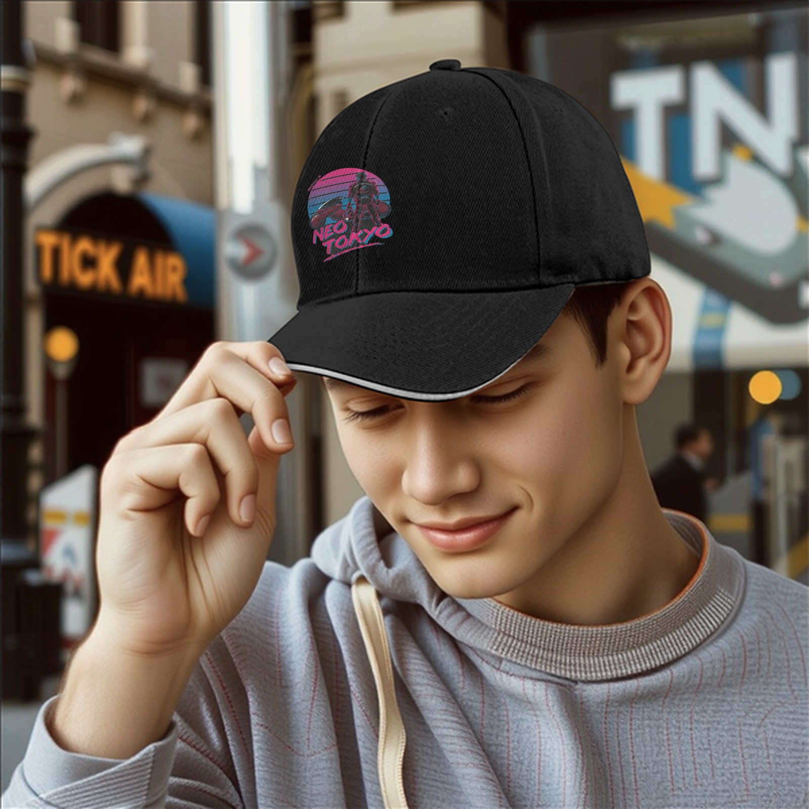 Neo Tokyo Synthwave Graphic Black Baseball Cap