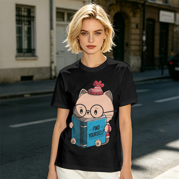 Olive T-shirt with Cute Reading Cat Graphic 'Find Yourself'