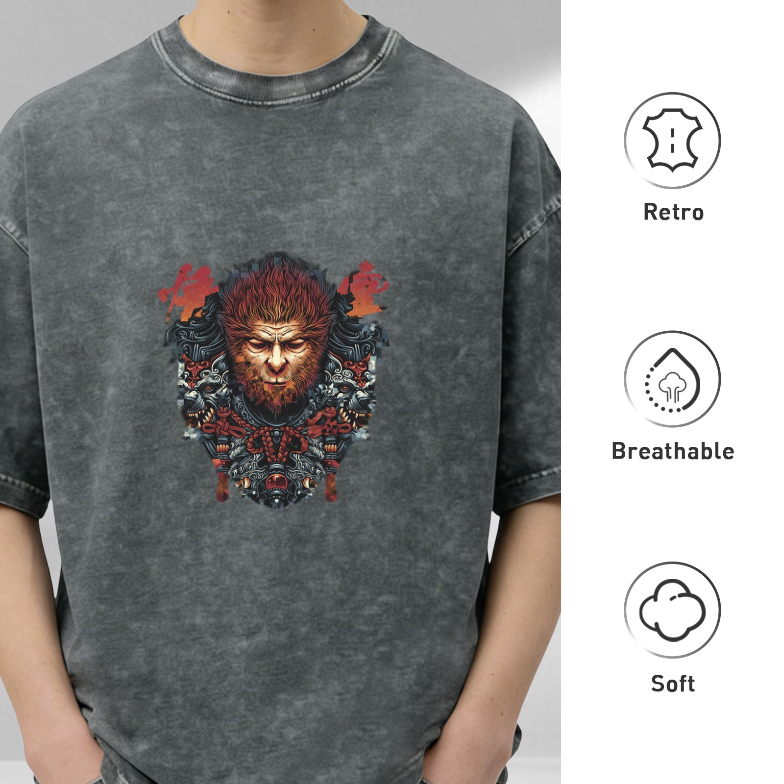 Washed Black T-Shirt with Mythical Monkey King Graphic