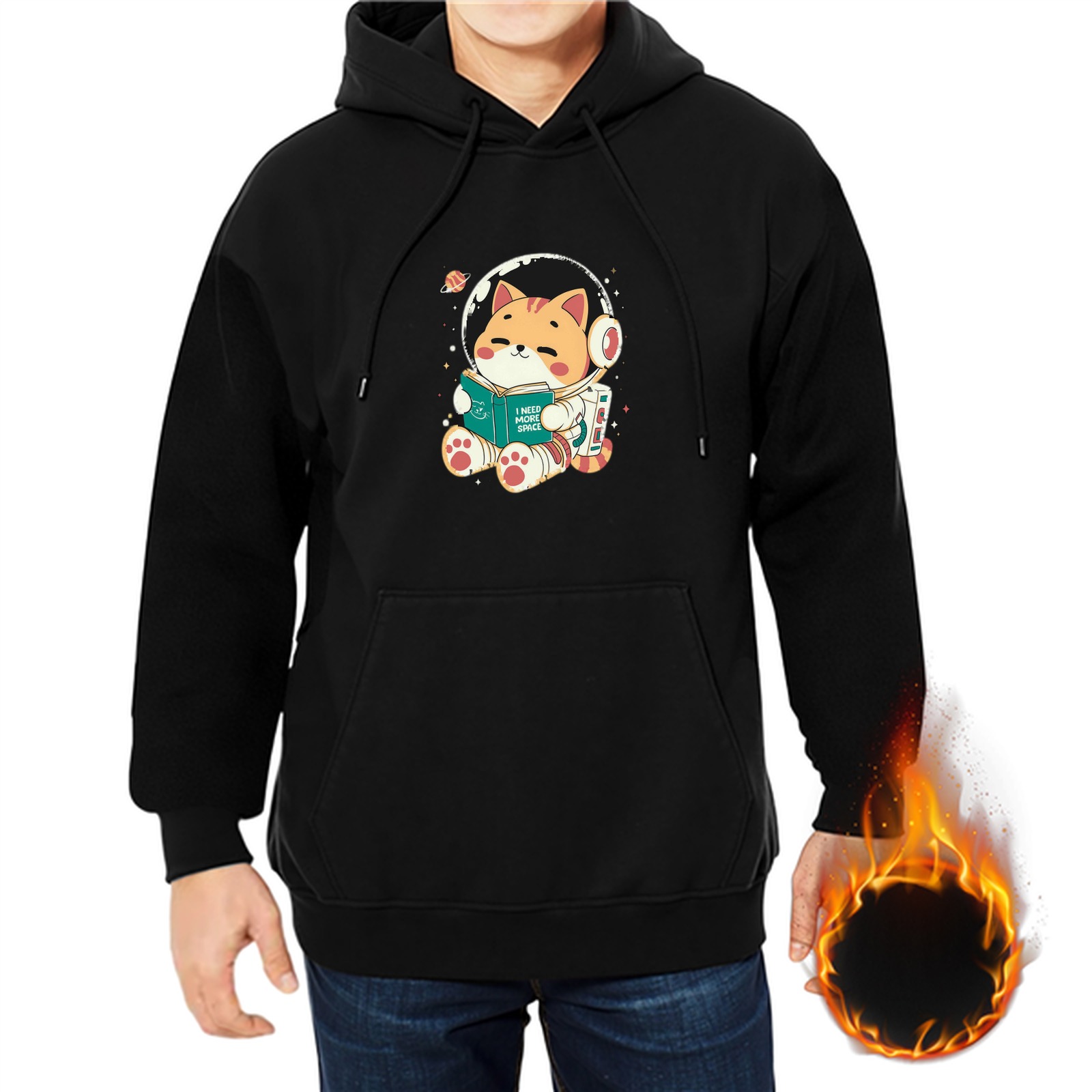 Black hoodie with a cute astronaut cat reading a book design
