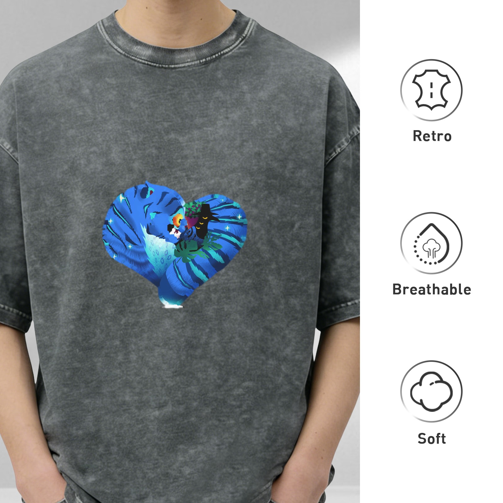 Washed Black T-Shirt With Heart Shaped Peacock Graphic
