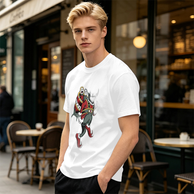 Olive T-shirt with distressed cartoon Santa Claus graphic